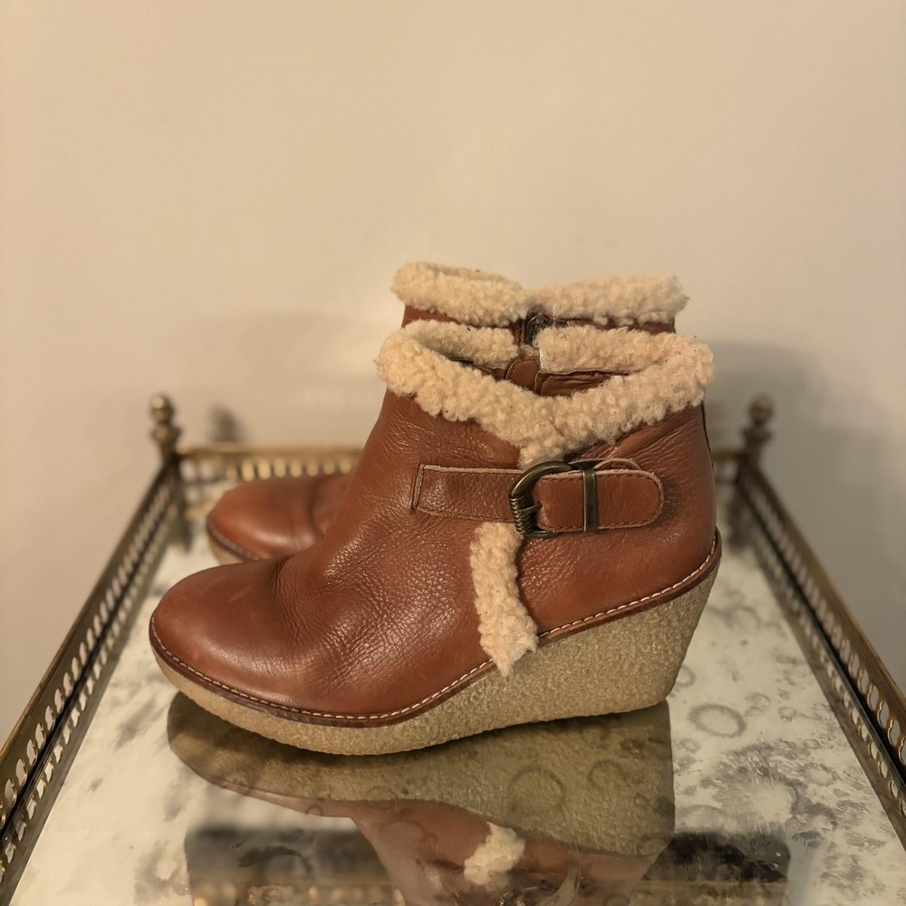 Sam Edelman Boots Womens Size 8.5 Brown Wedge Shearling Ankle Fur Lined Shoes‎